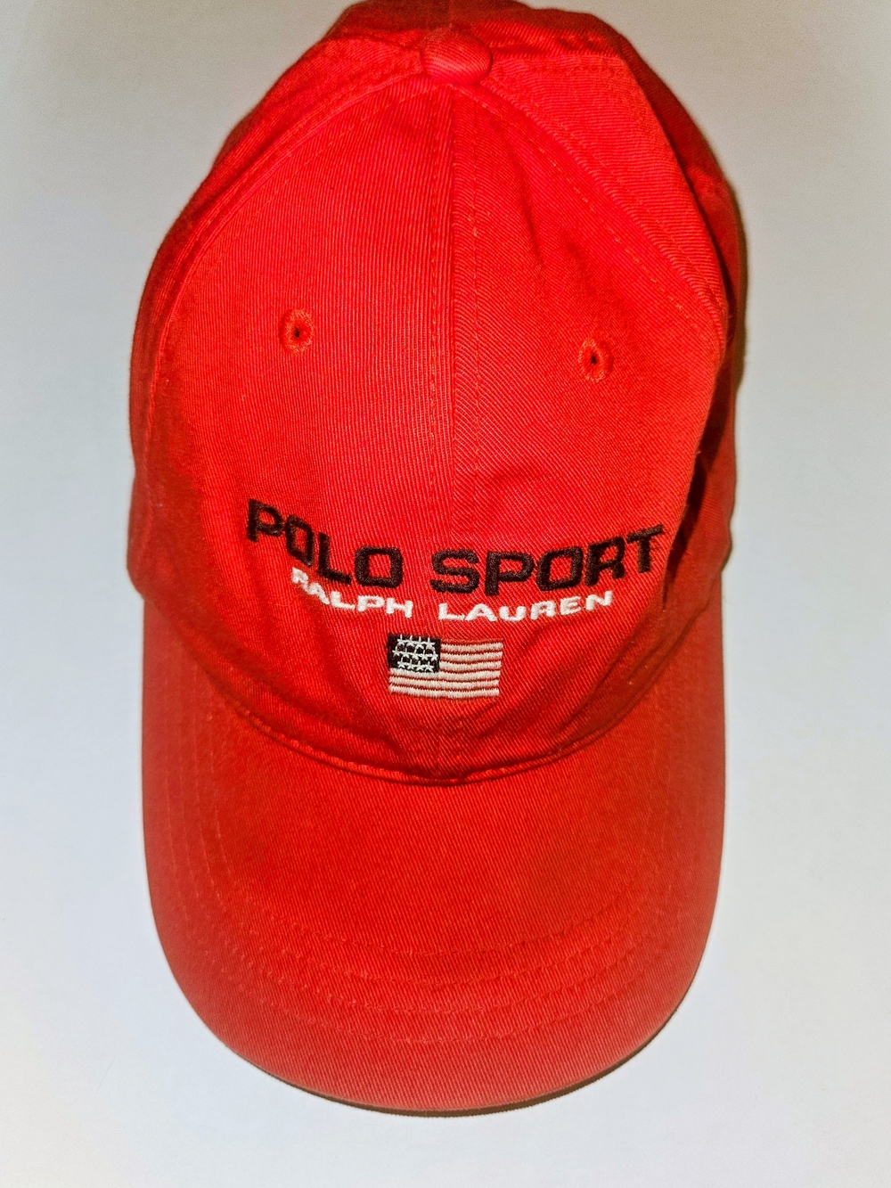 Vintage 90s Polo Sport Ralph Lauren Hat Red Spellout USA Flag Strapback Cap